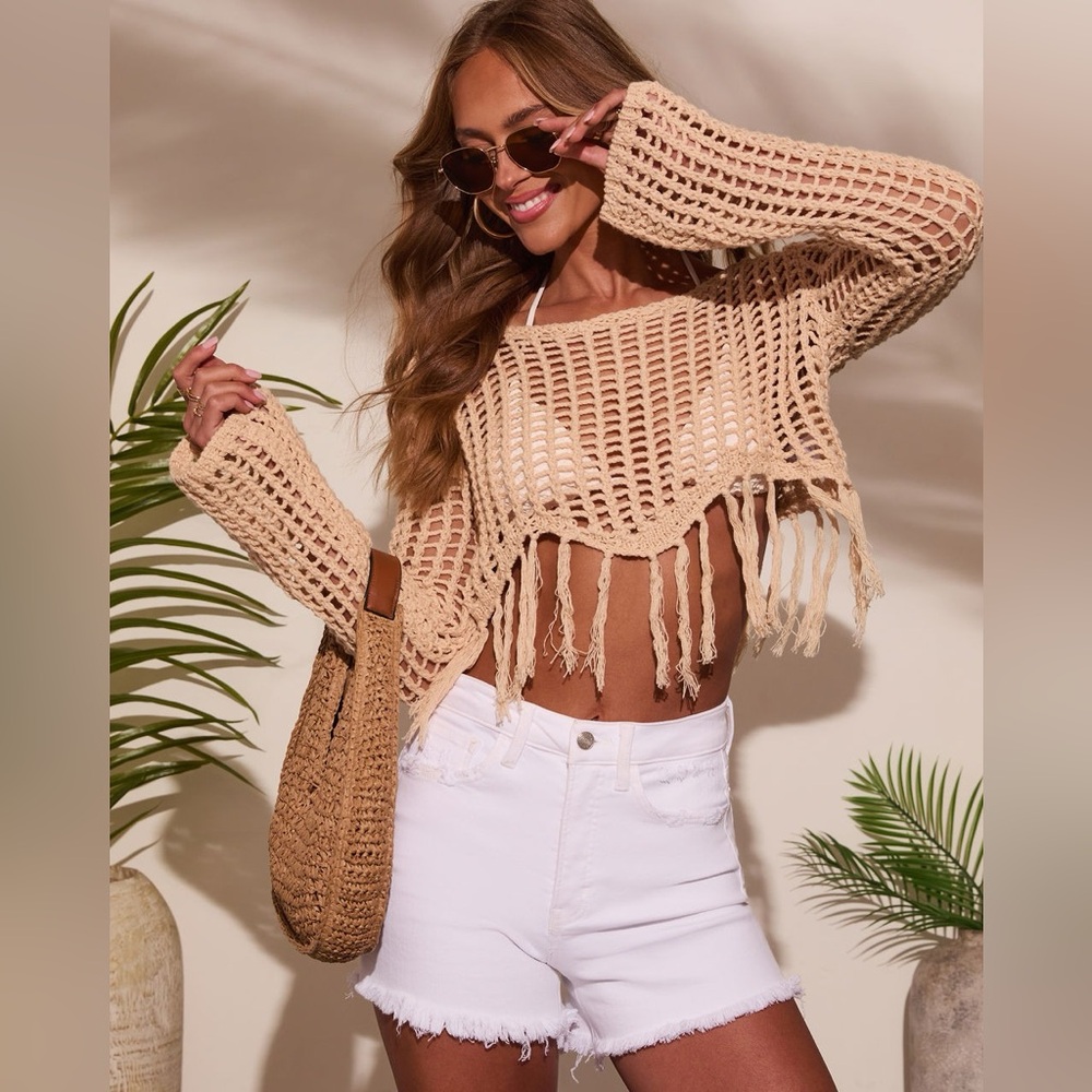 🌞 VICI Arloe Open Knit Fringe Crochet Top Crop Sweater Cream Small S - Picture 2 of 14